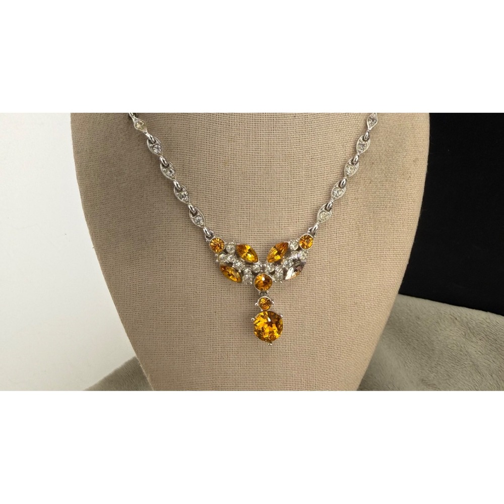 Vintage Bogoff Rhinestone Necklace Orange Silver Tone 16" READ